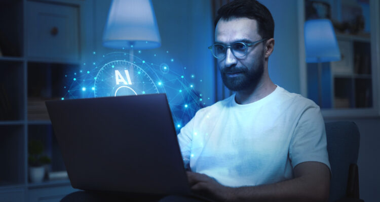 A man working on the laptop, AI illusrations poping up on screen